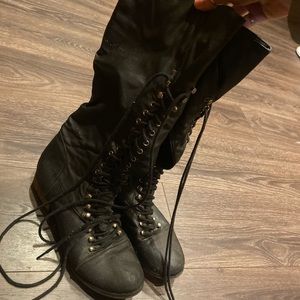 Side zip lace up knee high combat boots